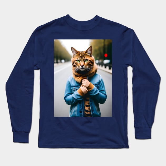 Humanoid Cat - Modern Digital Art Long Sleeve T-Shirt by Ai-michiart